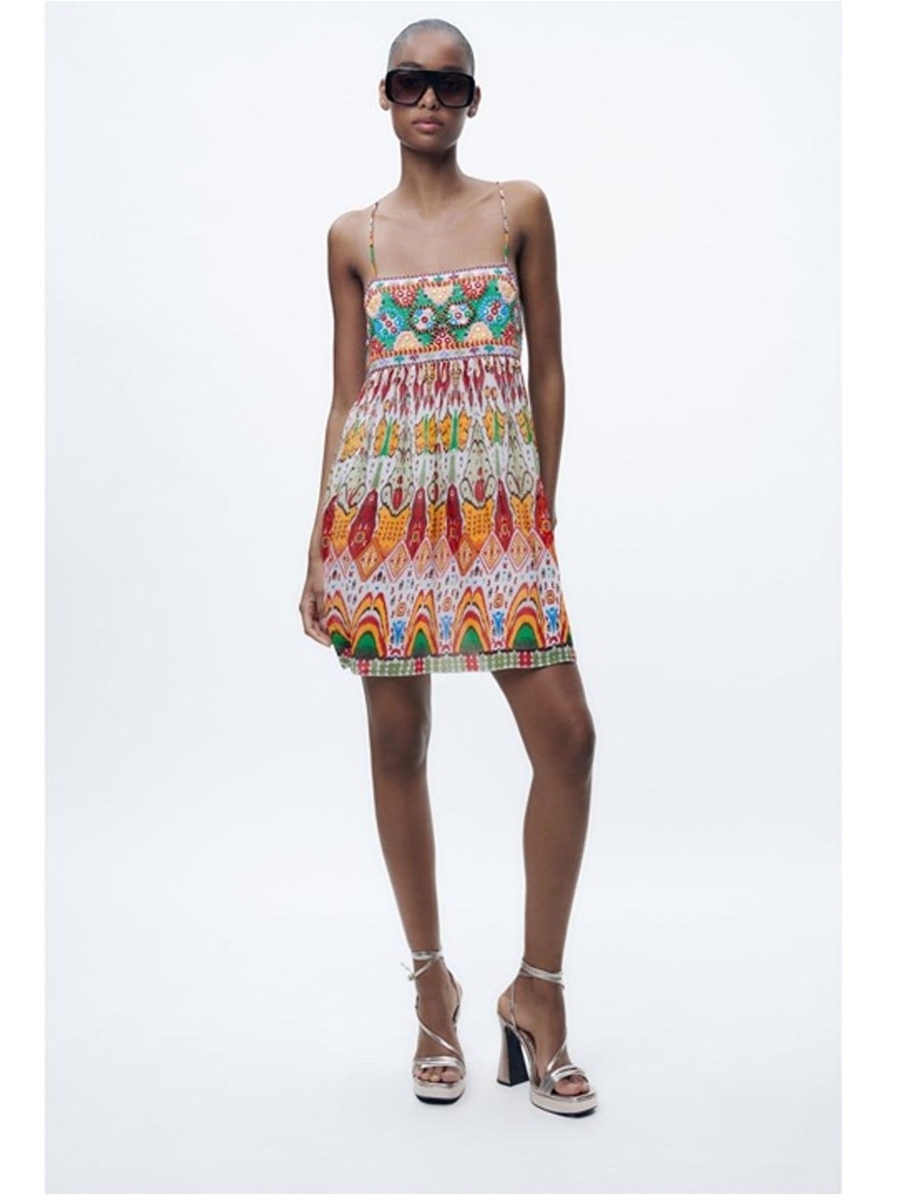 Zara Multicolor Smocked Spaghetti-Strap Mini Dress